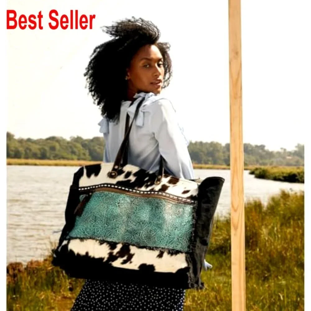 Western Cowhide Purse with Leather Strap, Paisley Pattern Hobo Bag